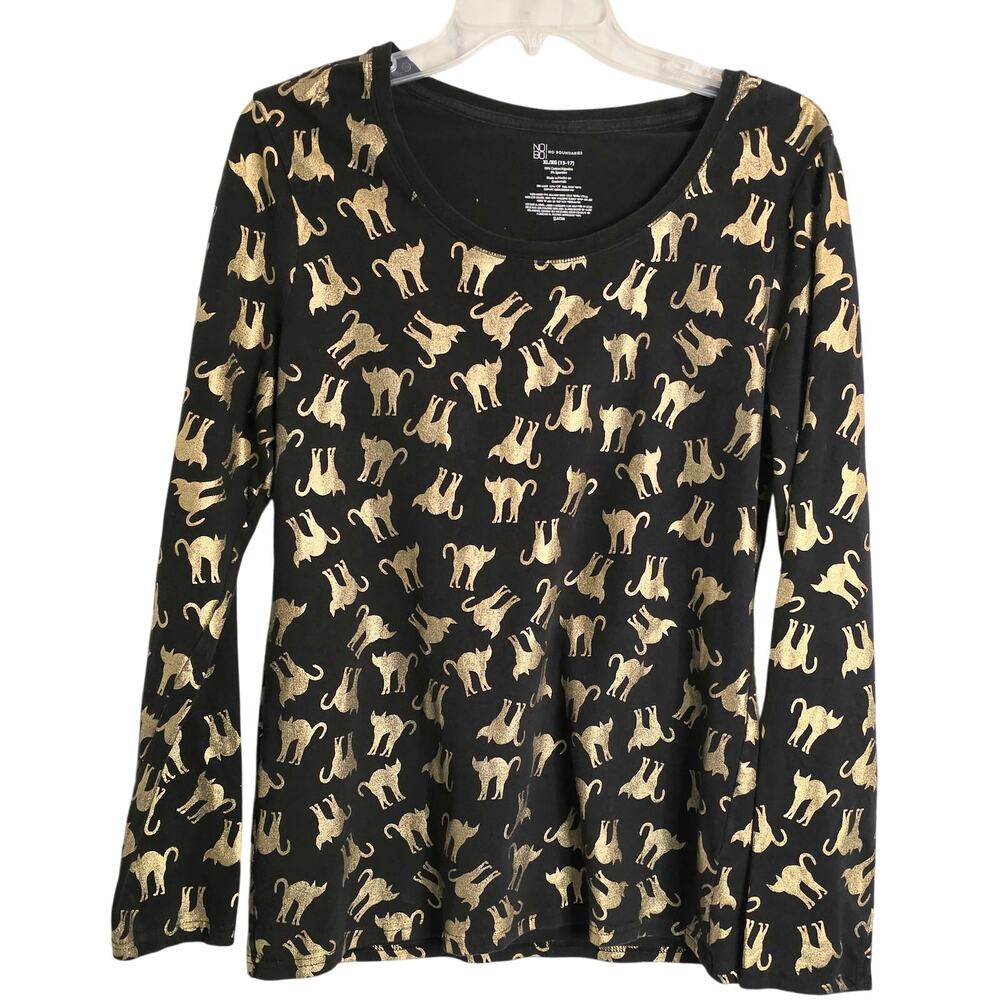 No Boundaries Women's Long Sleeve Top Women's XL (15-17) Black with Gold Cats